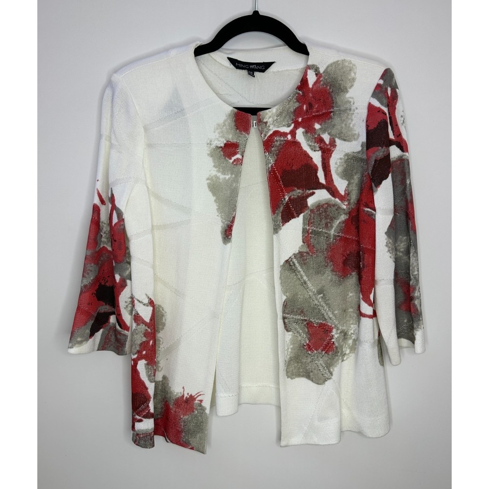 Ming Wang Floral Knit Jacket & Tank Top Set PS XS Red Off White Classy Mature - Picture 14 of 16